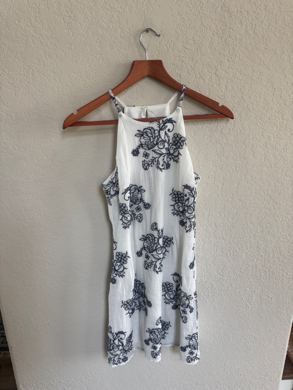 Embroidered White Floral Halter Summer Dress - Elegant Navy Print